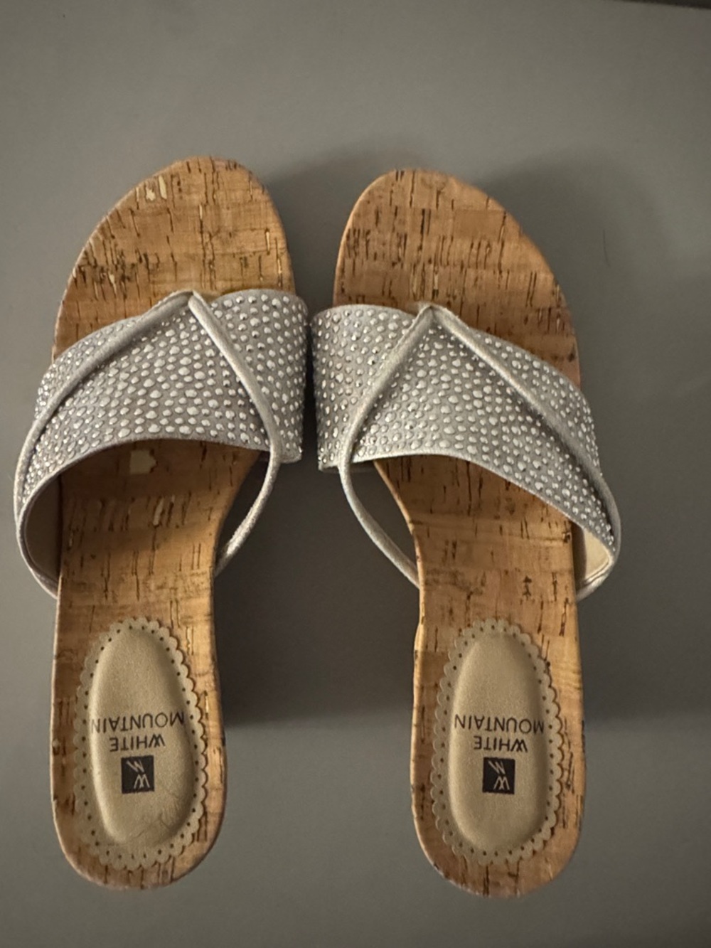 White Mountain Silver Rhinestone Cork Slide Mules